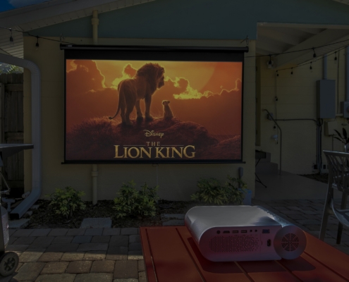 Projector Screen at night showing Disney Lion King Movie